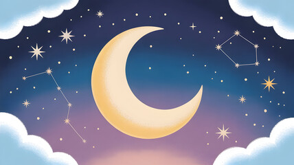 Fototapeta premium A serene night sky with a crescent moon and stars