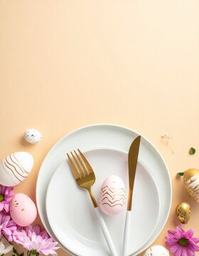  Easter brunch. Top view shot of various decorated Easter eggs, gold cutlery, white plate, pink and white chrysanthemums on beige background 