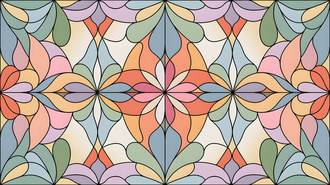 Vibrant symmetrical stained glass pattern with floral motifs