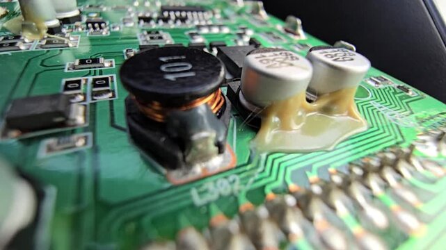 Macro of STM32 microchip on green PCB. Close-up of soldered white wires, electrolytic capacitors, inductors, and SMT components. High-tech circuit board for industrial hardware and engineering.