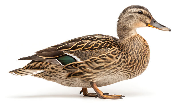 Female mallard duck standing in profile with vibrant feathers