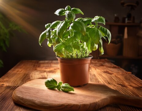 wooden board basil pot stark light