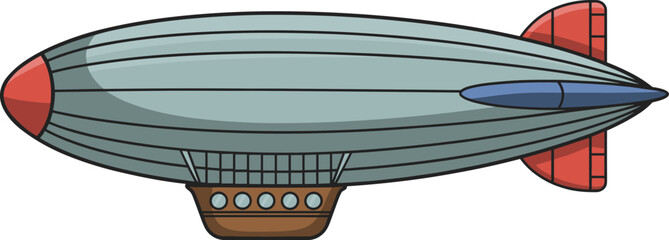 Gray and blue airship with red fins and a brown gondola zeppelin © Icons World