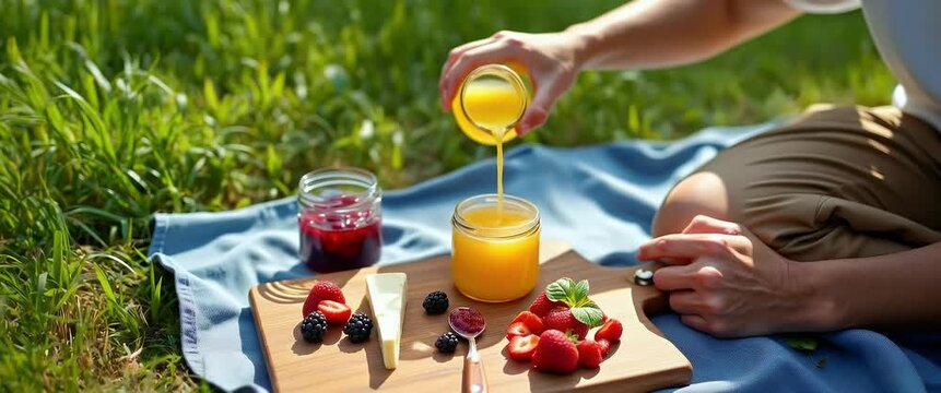 Sunlit picnic scene with fresh fruit and cheese, as hands pour juice into a glass jar; camera gently pans over vibrant setup on a soft blue blanket, evoking a serene, cinematic atmosphere.