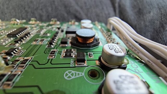 Macro of STM32 microchip on green PCB. Close-up of soldered white wires, electrolytic capacitors, inductors, and SMT components. High-tech circuit board for industrial hardware and engineering.