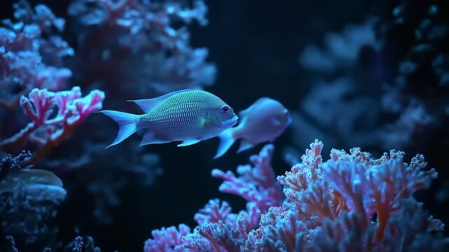 Underwater scene with small fish and coral reef in blue tones