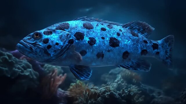 Vibrant blue grouper fish swimming near coral reef in underwater scene