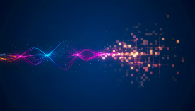 Graceful, glowing waves of blue, pink, and orange light flow horizontally across a dark background, gradually dissolving into a burst of scattered, shimmering orange digital pixels, representing data 