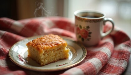 Warm hash brown casserole slice served on vintage plate with steaming coffee mug. Cozy morning meal on plaid cloth. Home baked comfort food.