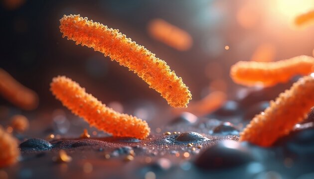 Microscopic view of rod shaped Bordetella pertussis bacteria. Orange coccobacilli particles float in liquid environment. Microbes under magnification show cellular detail. Scientific research,