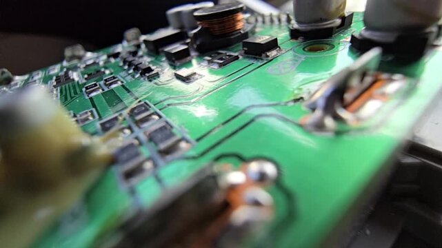 Macro of STM32 microchip on green PCB. Close-up of soldered white wires, electrolytic capacitors, inductors, and SMT components. High-tech circuit board for industrial hardware and engineering.