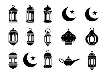 Hanging Ramadan Lanterns and Crescent Moon Icons