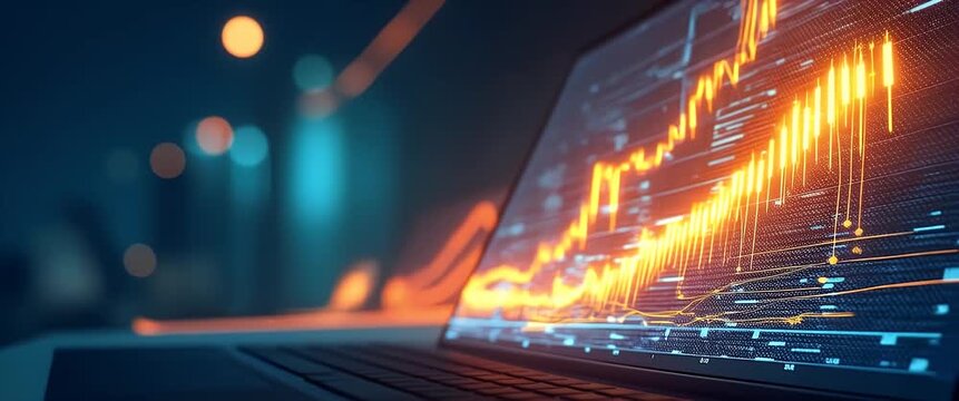 Futuristic financial data visualization on a glowing screen with fluctuating graphs, while the camera pans slowly amidst a softly illuminated office, embodying a cinematic, tech-savvy aesthetic.