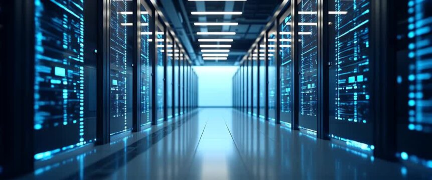 Cinematic view of a modern data center with servers humming in sync, as the camera slowly tracks through the illuminated corridor, lights gently flickering for a futuristic ambiance.