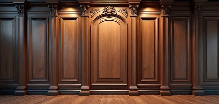 Rich dark wood paneling wall and floor. Ornate carved columns and arched niche add classic elegance. Luxurious interior texture or background for upscale settings.
