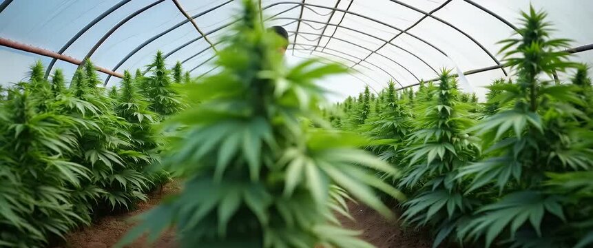 Scientist examines cannabis plants in a greenhouse, slowly walking through lush rows as the camera gently tracks, capturing the serene, cinematic ambiance of sustainable agriculture innovation.