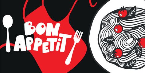 Hand-drawn Bon appétit typography poster design with Vector calligraphy, pasta meal, fork, and spoon. © Hanna Aibetova