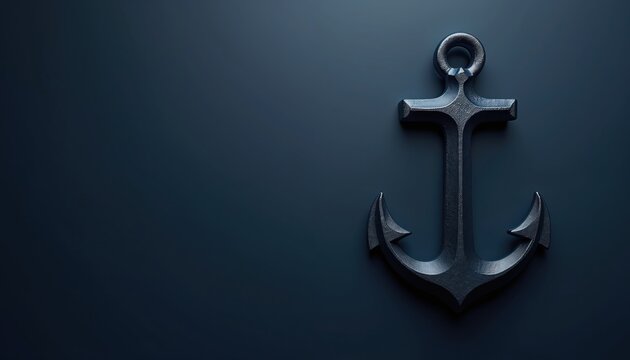 Dark anchor rests on navy blue surface. 3D render object casts shadow. Nautical symbol, marine icon, sea element, metal shape, graphic design.