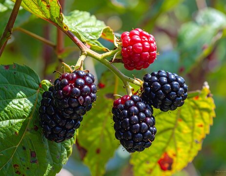 Close-up of ripe and unripe aggregate fruit clusters on a branch, surrounded by green foliage, captured with natural light