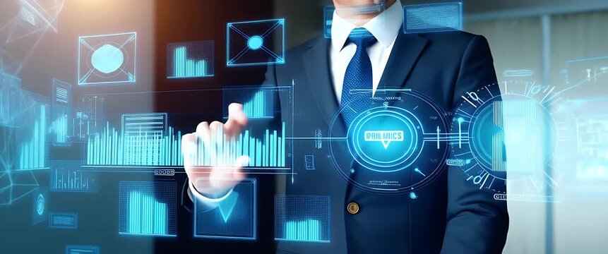 Business professional interacts with futuristic digital interface, as camera slowly pans across a high-tech office scene, highlighting dynamic data visualizations in a cinematic style.
