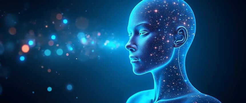 Futuristic digital human profile with glowing particles floating in slow motion, camera gently panning across a starry, cosmic background, in a cinematic, ethereal style.