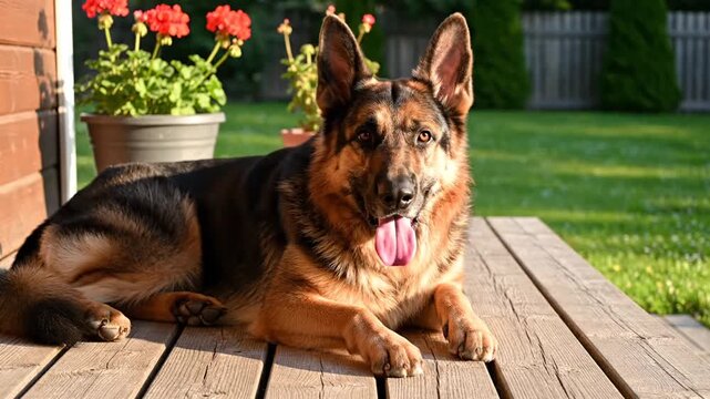 German Shepherd dog lying on wooden deck in backyard with flowers