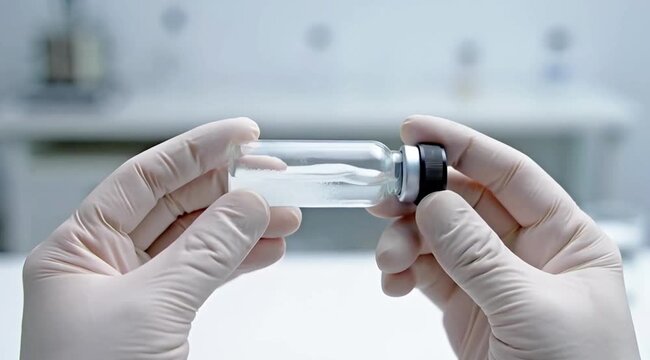 Close-up of gloved hands holding and gently swirling a clear glass medical vial with liquid and white powder in a laboratory.