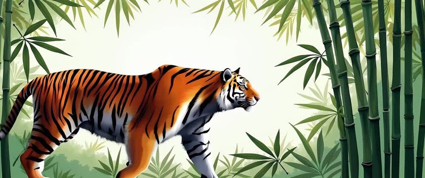 Majestic tiger prowls through tranquil bamboo forest, as camera gently pans, capturing serene wildlife ambiance in a cinematic style with swaying leaves and soft sunlight.