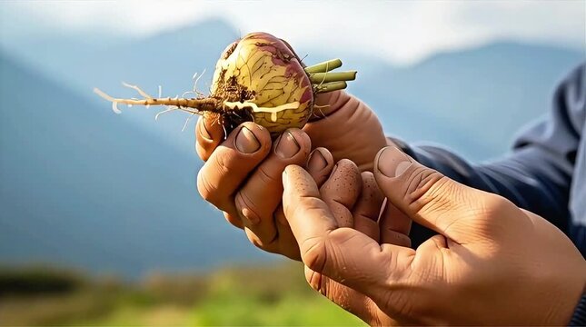 Farmer holds freshly harvested maca root in Andean mountain field