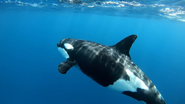 Majestic orca swimming underwater in deep blue ocean