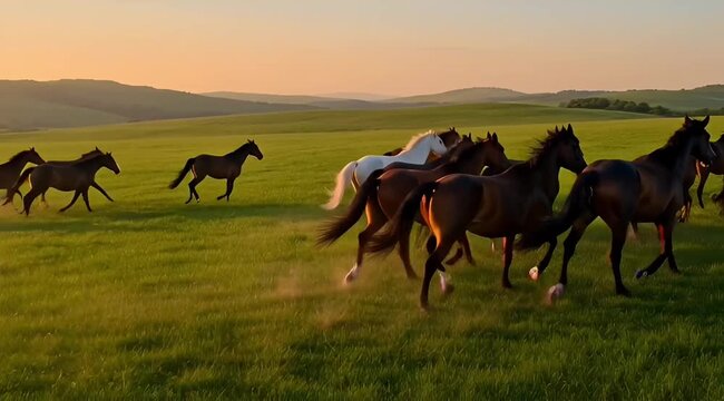 A lot of horses run in a big green field during sunset