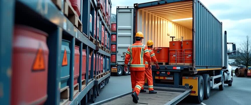 Detailed stock image illustrating dangerous goods handling with trained experts managing hazardous materials specialized containers and rigorous safety protocols ensuring secure transport in  Photo St