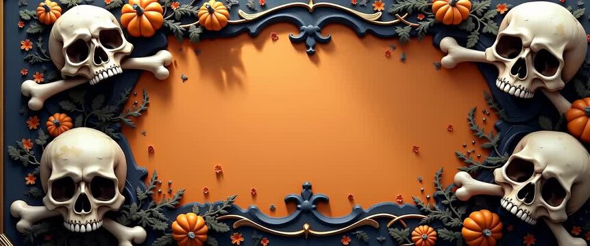 Cinematic Halloween skulls and bones border frame subtly shifts as the camera slowly pans, creating an eerie atmosphere with ambient flickering lights, ideal for spooky-themed content.