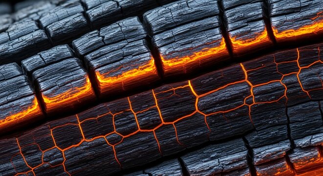 Glowing ember detail, close-up of charred wood texture