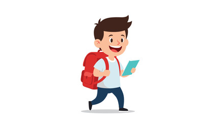 Enthusiastic schoolboy wearing a red backpack and holding a turquoise book runs quickly, showing his eagerness for learning and new school days.