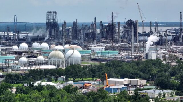 Aerial of Oil and gas refineries and factories at work in Good Hope, Louisiana during summer