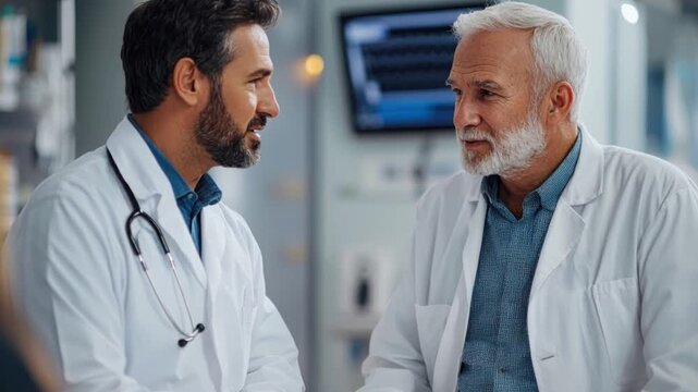 An older and a younger doctor discuss a case while standing in a hospital hallway. medical briefing, doctor meeting, healthcare professionals.