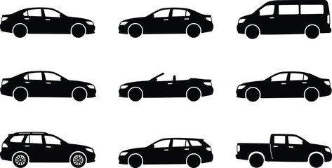 Vehicle silhouettes grid illustration, cars SUV pickup minivan station wagon convertible design, vector artwork, transport and education theme, isolated background © MDRAKIBUL