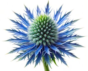 Obraz premium Eryngium – Blue eryngium spiky thistle-like bloom, isolated on white background.