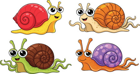 Colorful cartoon snail illustration collection with expressive faces and vibrant shells, perfect for children’s design, educational projects, playful artwork, and creative character graphics © Niati