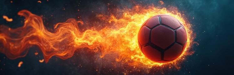 Fototapeta premium Soccer ball engulfed in fire flames, bursting with energy and passion. Dynamic sports concept with intense motion and heat. Power, action, and extreme game atmosphere.