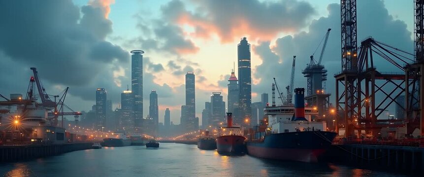 Vibrant cinematic harbor scene with ships moving across a bustling port skyline, as the camera pans slowly, capturing cranes and skyscrapers under a dynamic, colorful sunset sky.
