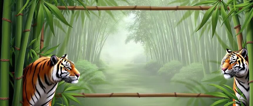 Majestic tigers subtly emerge from lush bamboo thickets, while sunlight flickers gently through leaves; the camera slowly pans to reveal a serene, cinematic jungle landscape.