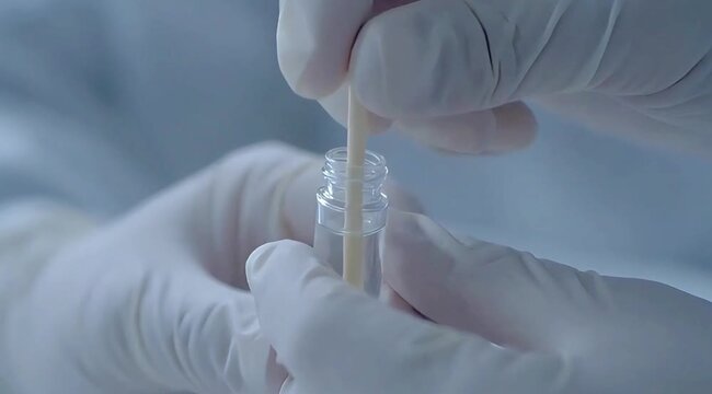 Close-up of gloved hands preparing a medical sample by capping a small test tube with a swab inside.