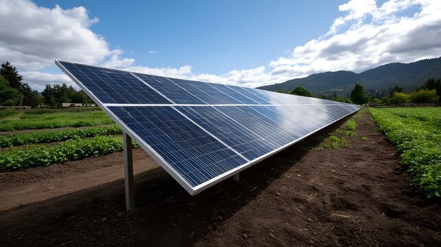 Expansive solar panel array installed in a green agricultural field under a bright blue sky