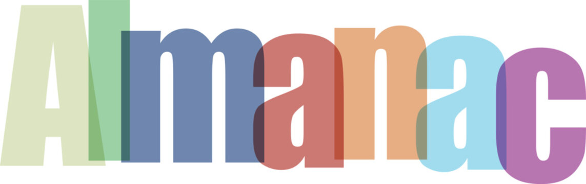 Colorful and playful text spelling out the word almanac in a vibrant font style