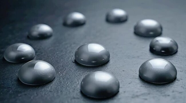 Water droplets transforming from clear to metallic on a dark textured surface