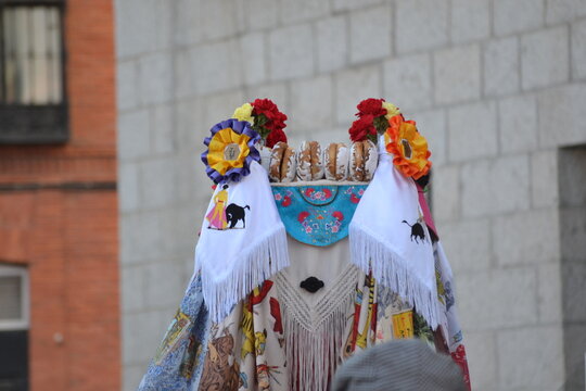 Traditional costume at fiesta de la vaquilla in colmenar viejo. Spanish traditions, folk festival