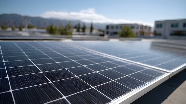 Close up view of a modern solar panel array on a rooftop under a clear blue sky