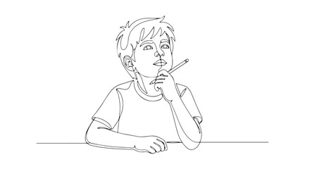 Continuous line art portrait of a thoughtful young boy pondering ideas, illustrating childhood curiosity and creative thinking process